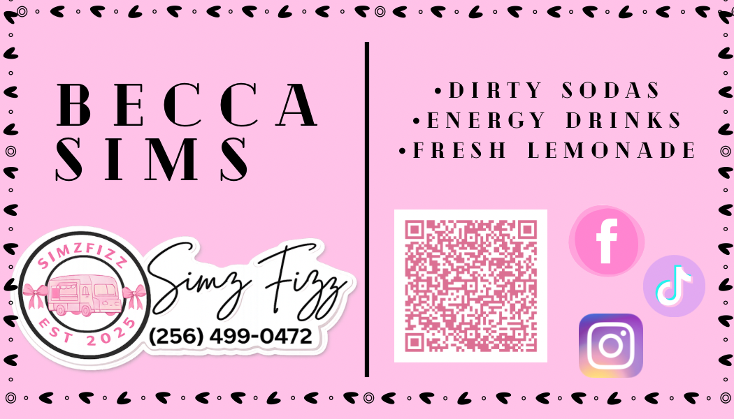 Becca Sims SIMZ FIZZ social card with QR code and Facebook, TikTok, and Instagram icons.